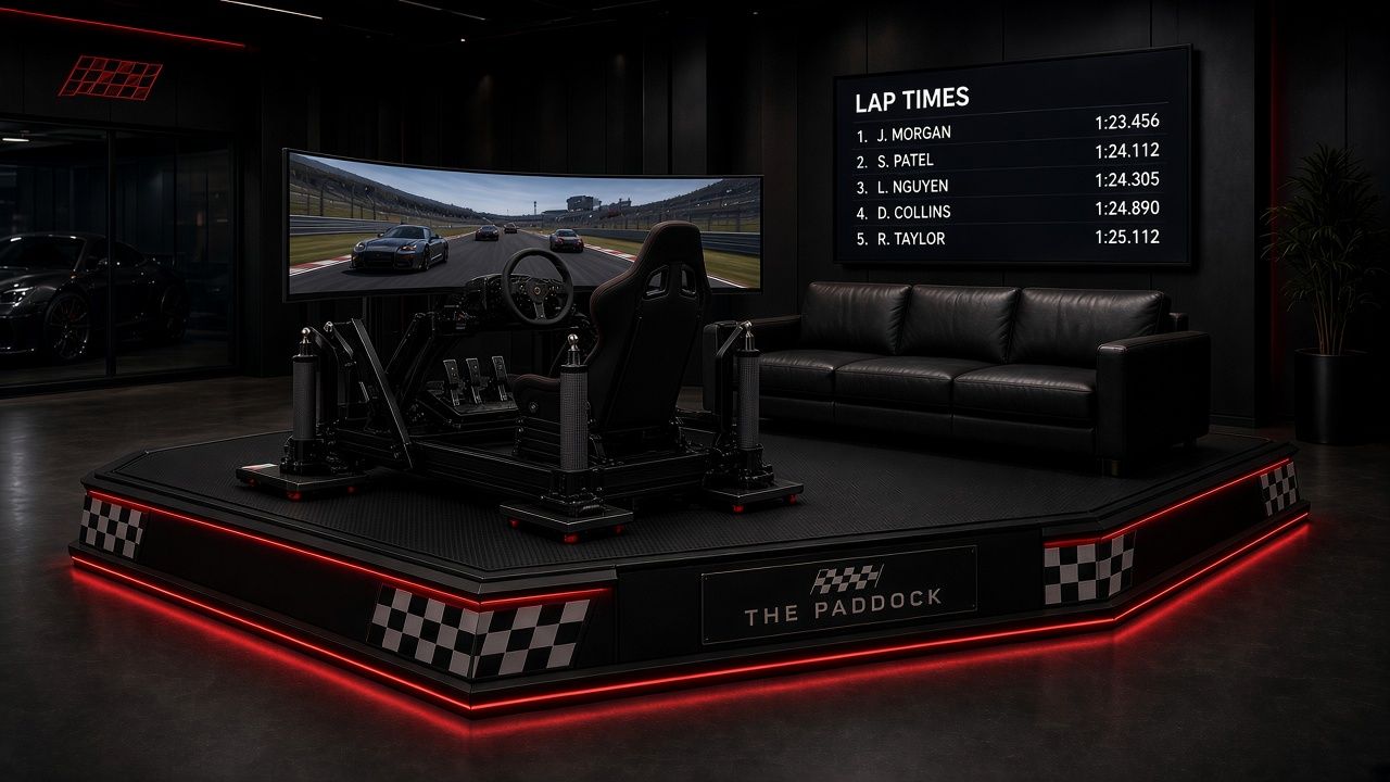 The Paddock: a black motion sim racing rig on a red-lit platform, with a curved screen, a leather couch and a lap-times board