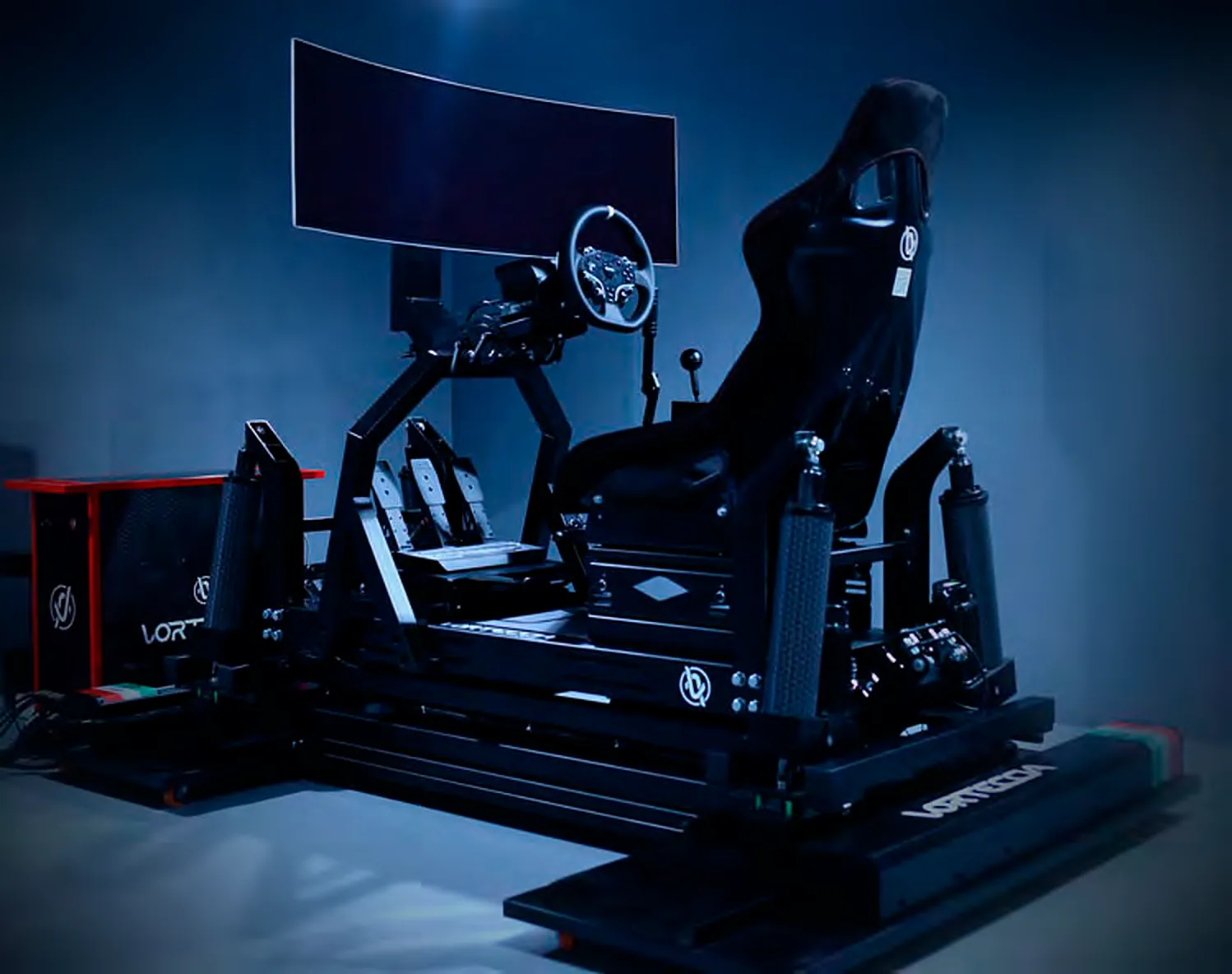 Vorteccia GT motion rig with a curved screen in blue studio light