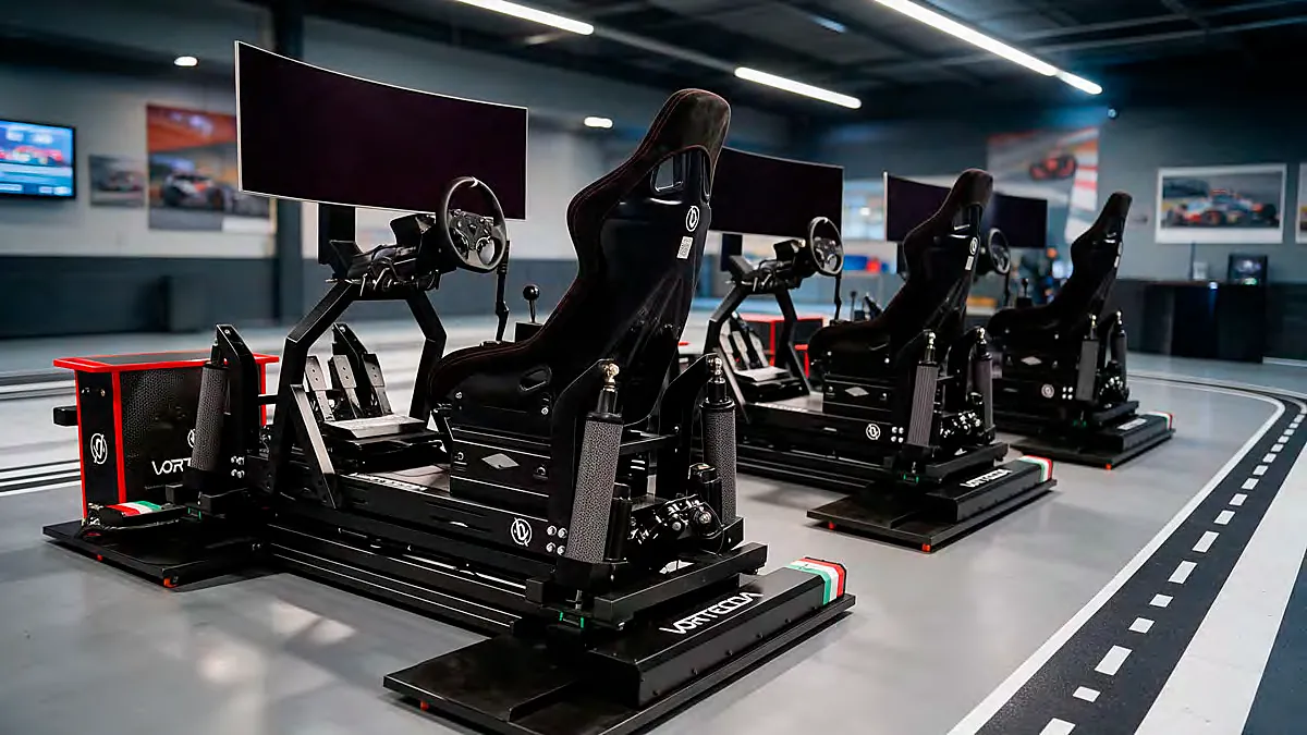 A row of Vorteccia GT motion simulators in a racing venue with track-style floor markings